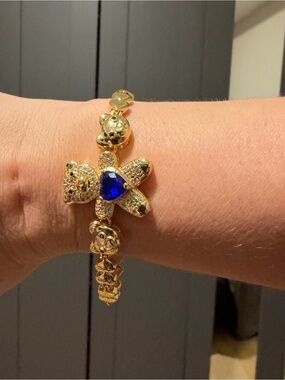 Gold-Tone Bear Bracelet with Blue Heart Charm